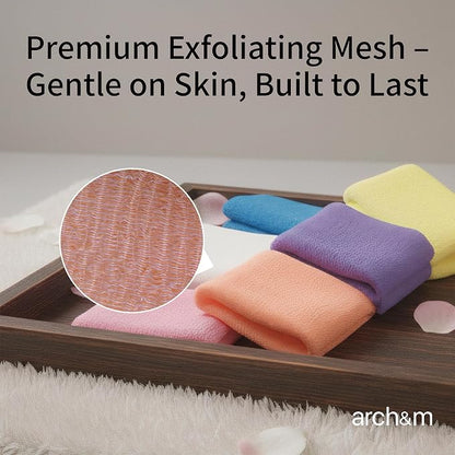 ARCH&M Exfoliating Towel 3-Pack, Nylon, Brown Purple Navy-Blue | Exfoliating Washcloth, 35-Inch, Japanese Washcloth, Deep Exfoliation, Daily Use, Glowing Silky-Smooth Skin