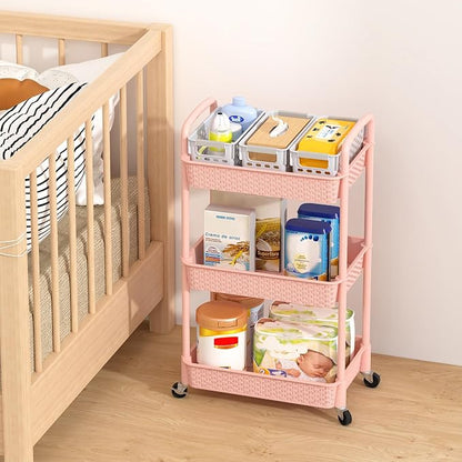MOYIPIN 3-Tier Plastic Rolling Utility Cart with Handle,Utility Storage Cart for Office, Living Room, Kitchen,Movable Storage Organizer Shelves,Pink