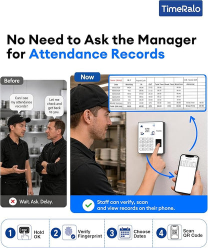 Cloud Time Clock for Small Business, 3-in-1 Mode, Remote Access | Fingerprint Attendance System with Smart Scheduling, Overtime & Lunch Rules, Auto Report, 10 Cards, 2.4G WiFi, No Monthly Fee