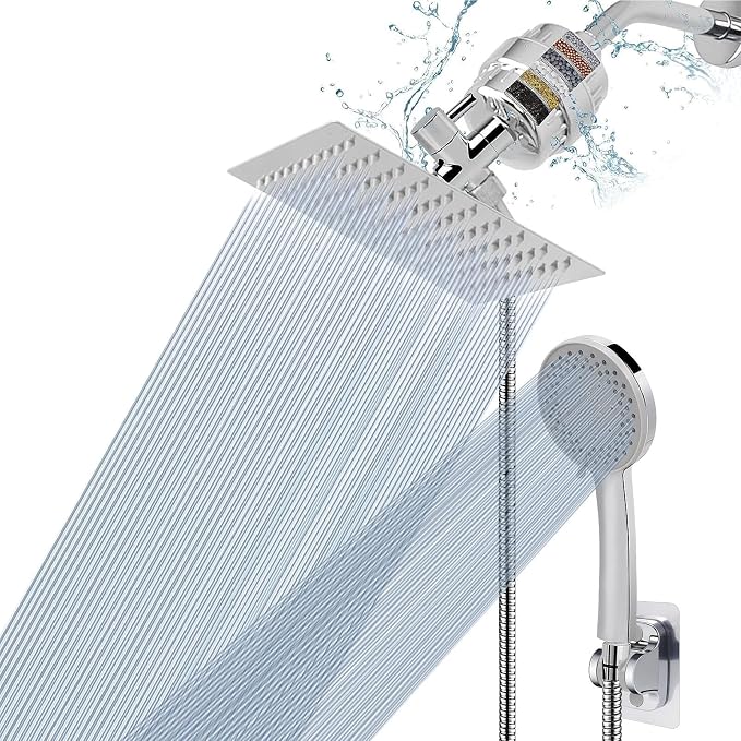 NearMoon Filtered Shower Head, High Pressure 8″Square, 5 settings Handheld Rain Shower Filter Combo with Self-adhesive Holder/1.5M Hose -1 Replaceable Filter Cartridge (Chrome Finish)