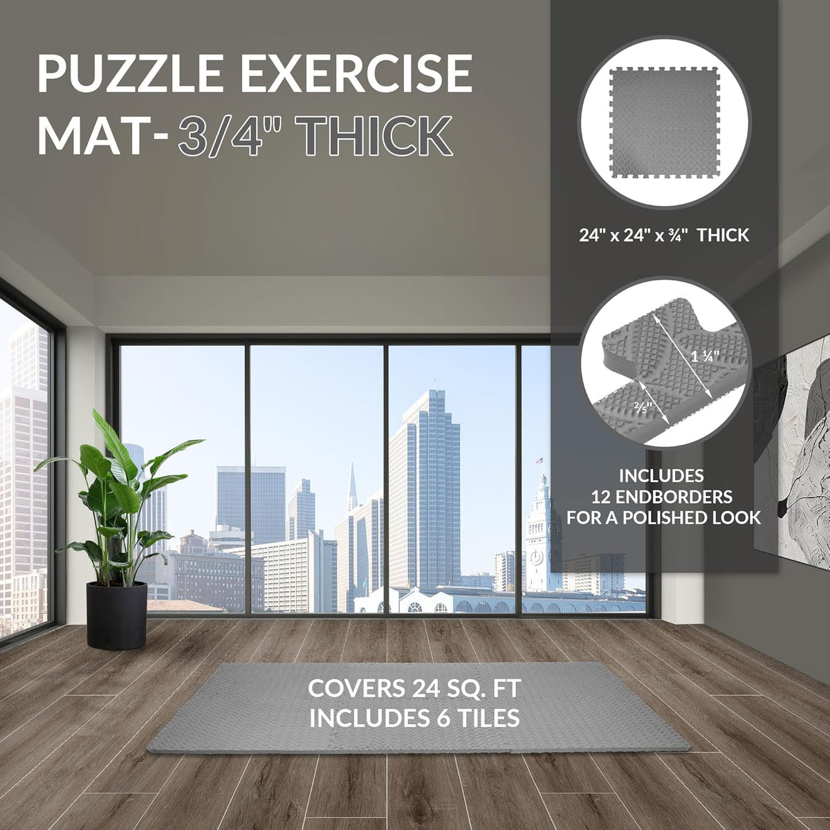 Puzzle Exercise Gym Flooring Mat, 3/4" Thick High-Density EVA Interlocking Tiles Workout Mat for Home Gym, Fitness Equipment, MMA, Gymnastics, 6-Piece Shock-Absorbing Exercise Mat (24 Sq Ft)
