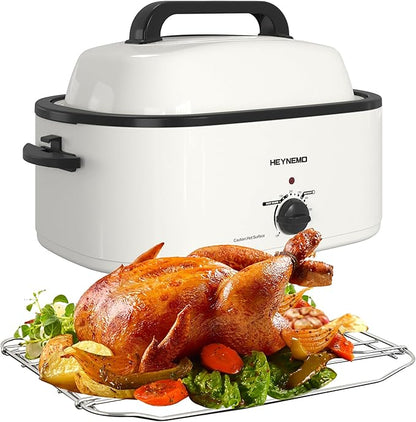 Roaster Oven 22Qt, 1450W Electric Turkey Roaster Oven Buffet with Self-Basting Lid, Cool-Touch Handles, Removable Pan and Rack, Stainless Steel, White