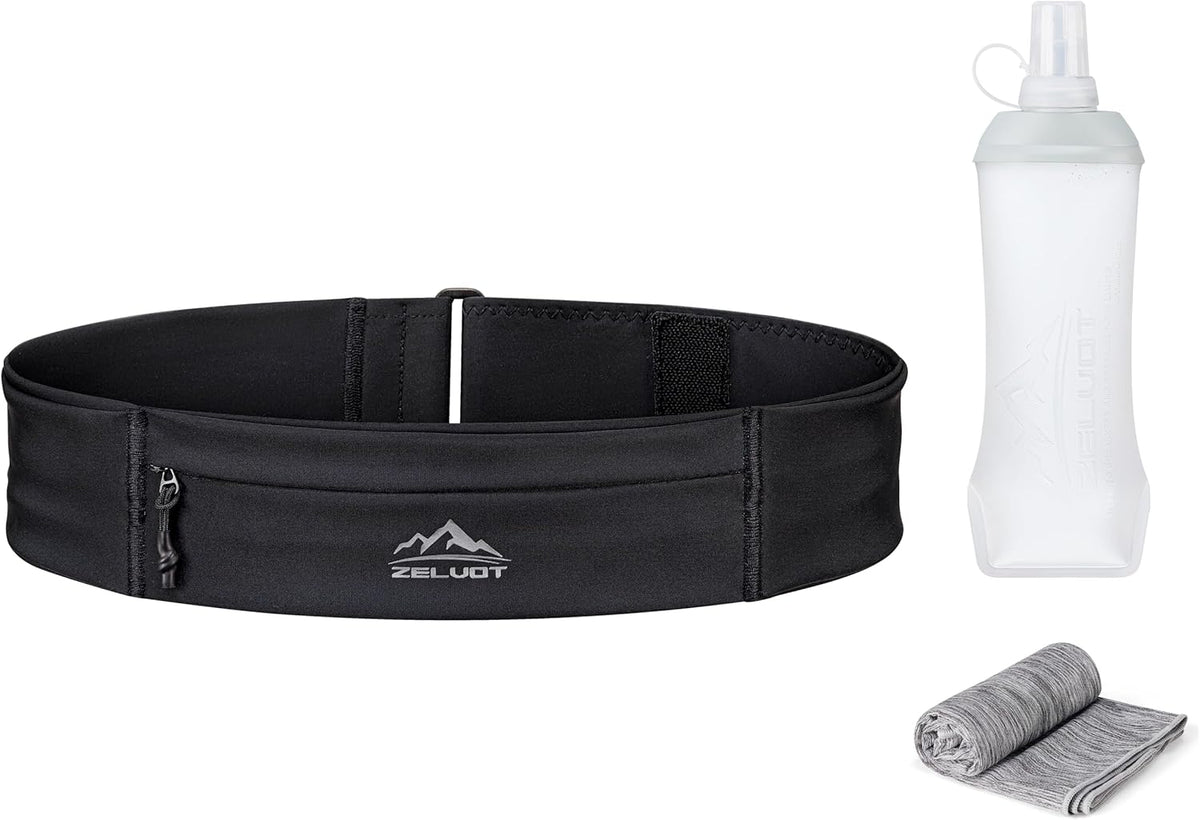 Running Belt with 400ml Soft Flask, Extension Strap & Phone Holder, Adjustable Running Fanny Pack with Gym Towel, Waterproof Belt Bag for Women Men for Jogging Hiking Marathon