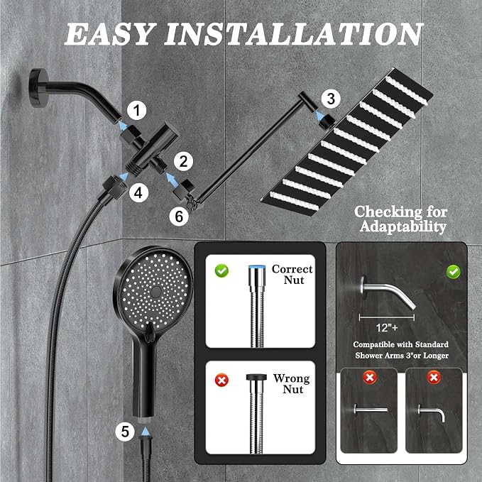 12 Inch Shower Head, Rain Shower Head with Adustable Extension Arm, Detachable Matte Black Rina Shower Head with Handheld Spray, High Pressure Shower Hose with Holder in Bathroom(Black)