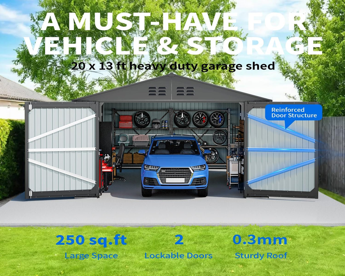 20 x 13 FT Outdoor Storage Shed, Metal Garage Shed with 2 Lockable Doors, Large Metal Building with 4 Air Vents, Galvanized Steel Prefab Storage House for Car, Truck, Bike, Tool, Dark Gray (Upgrade)