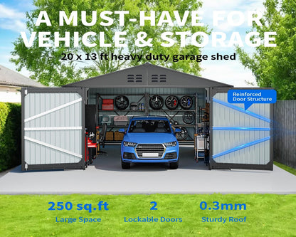 20 x 13 FT Outdoor Storage Shed, Metal Garage Shed with 2 Lockable Doors, Large Metal Building with 4 Air Vents, Galvanized Steel Prefab Storage House for Car, Truck, Bike, Tool, Dark Gray (Upgrade)