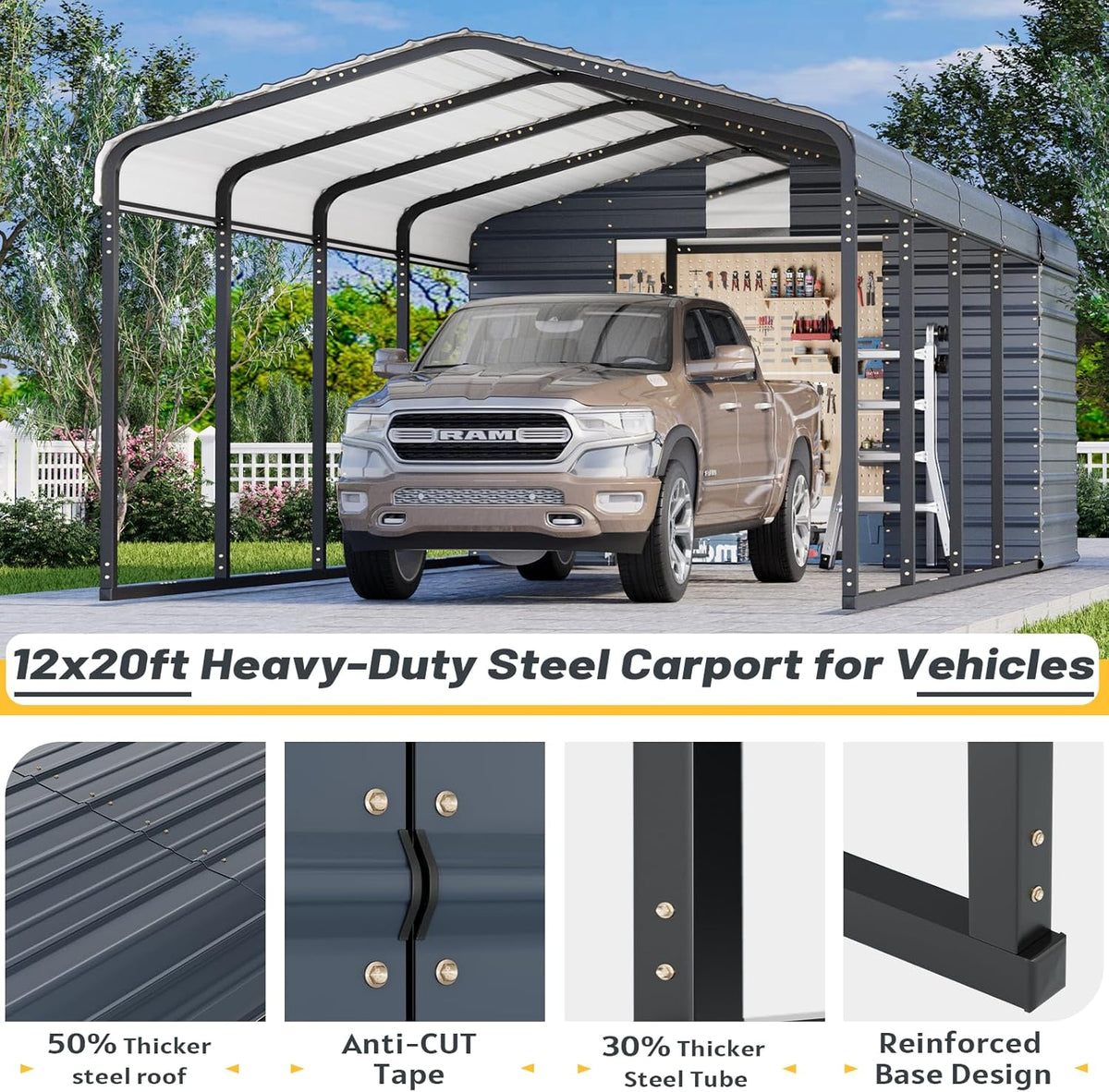 EROMMY 12x25 FT Carport Storage Shed 2-in-1, Heavy Duty Car Port with Galvanized Metal Frame, Base-Reinforced Enclosed Storage Shelter, Extended Coverage for Trucks, Cars & All Vehicles, Gray