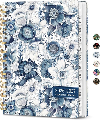 Academic Planner 2026-2027, Monthly and Weekly Calendar Planner, July 2026 - June 2027, Pretty Hardcover Teacher Student Planning Agenda Book with Tabs, Fit for School Office Supplies, 6.3" x 8.5", Blue Floral