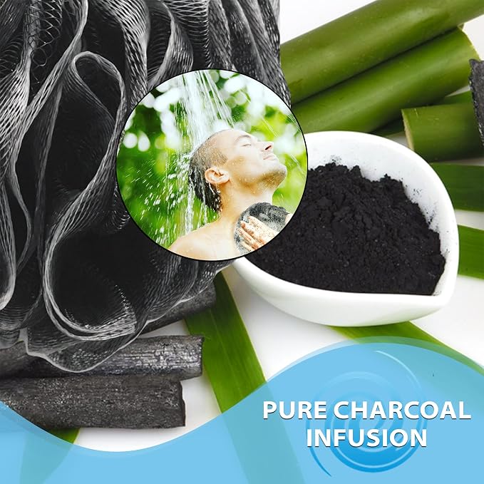 SHOWER BOUQUET Loofah-Charcoal Bath-Sponge-4-Pack // Extra-Large 75g Soft Mesh Black Loofa Lufa Loufa Luffa Puff Set/Exfoliating Body Scrubber for Women and Men - Exfoliate & Soothe Face & Body