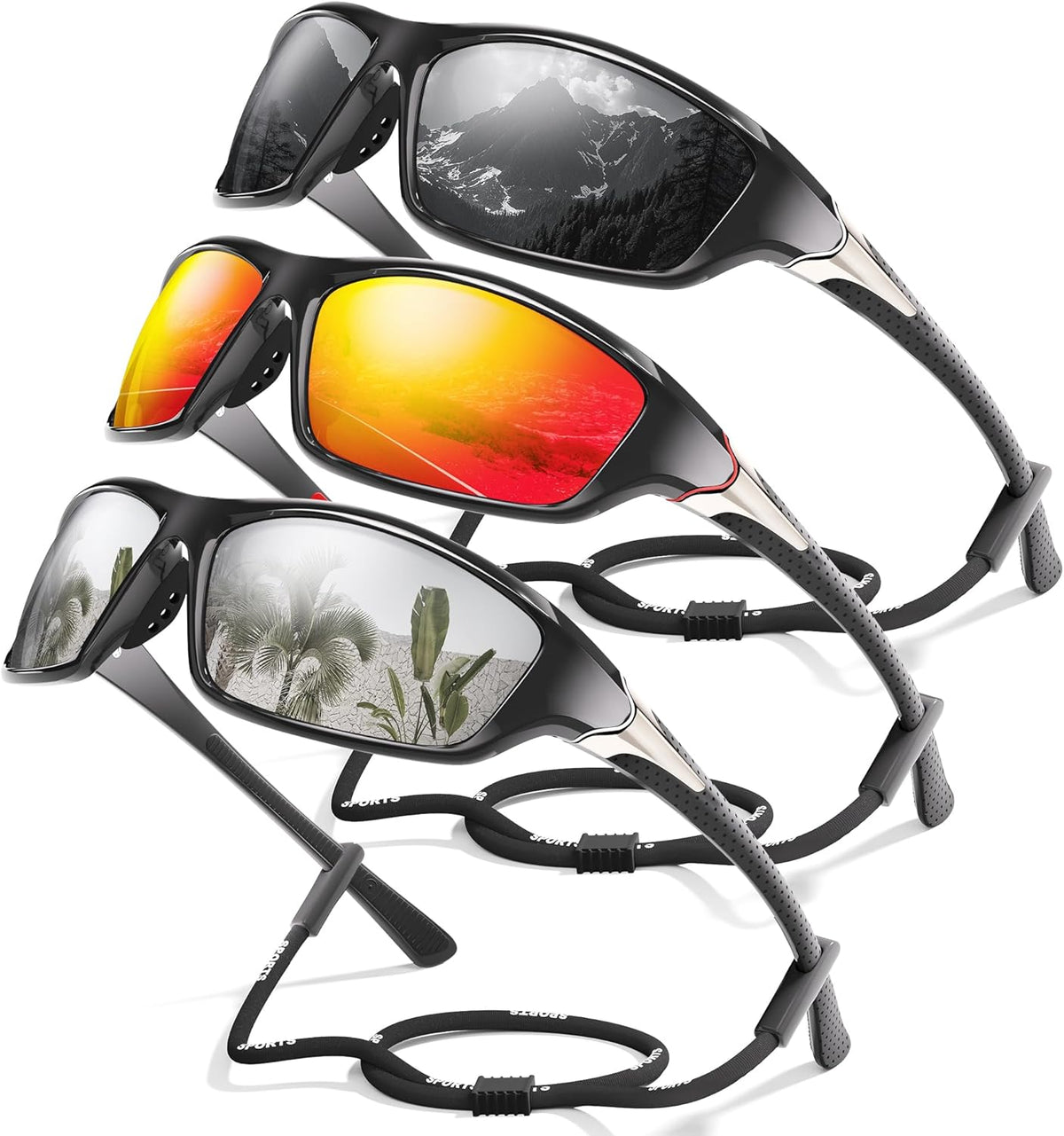 3 Pack Polarized Sports Sunglasses for Men, Mens Sunglasses Wrap Around UV400 Protection for Cycling Fishing Driving