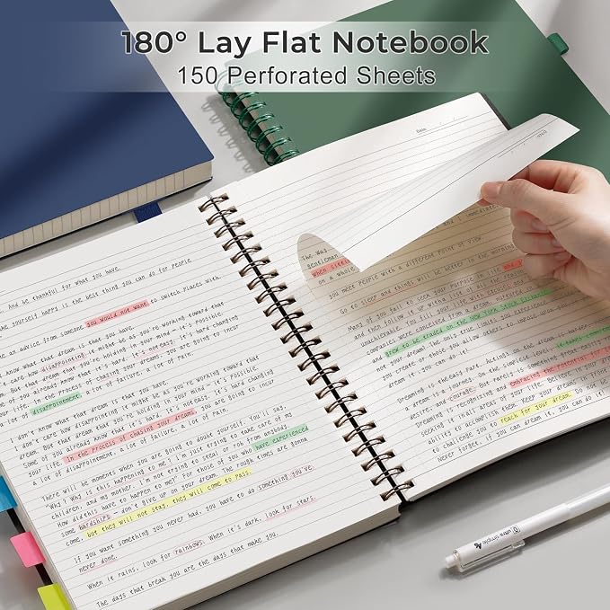 AHGXG Spiral Notebook College Ruled - Spiral Journal Perforated Notebook A4 8.5" x 11", 300 Pages Easy Tear Perforated Pages, 100GSM Thick Paper, Plastic Hardcover, for Writing Work School, Green