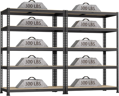 2 Packs 35.5" W x 16" D x 71" H Adjustable Garage Storage Shelves - 5-Shelf Heavy Duty Shelving Unit, Metal Utility Storage Organizer Racks for Warehouse Pantry Closet Kitchen, Black