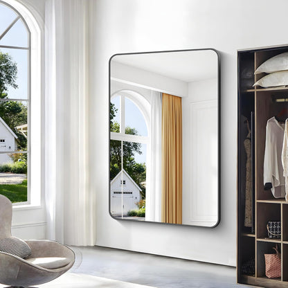 Black Bathroom Mirror,60x40 inch Wall Mirror for Bathroom Wall Mounted,Rectangle Mirror for Bathroom Over Sink,Modern Frame Round Corner for Living Room,Bedroom Entryway,Horizontal/Vertical