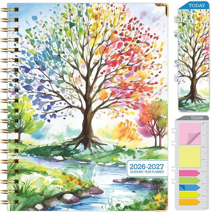 HARDCOVER Academic Year 2026-2027 Planner: 14 Months (May 2026 Through June 2027) 8.5"x 11" Daily Weekly Monthly Planner Yearly Agenda. Bookmark, Pocket Folder and Sticky Note Set (Tree Seasons)