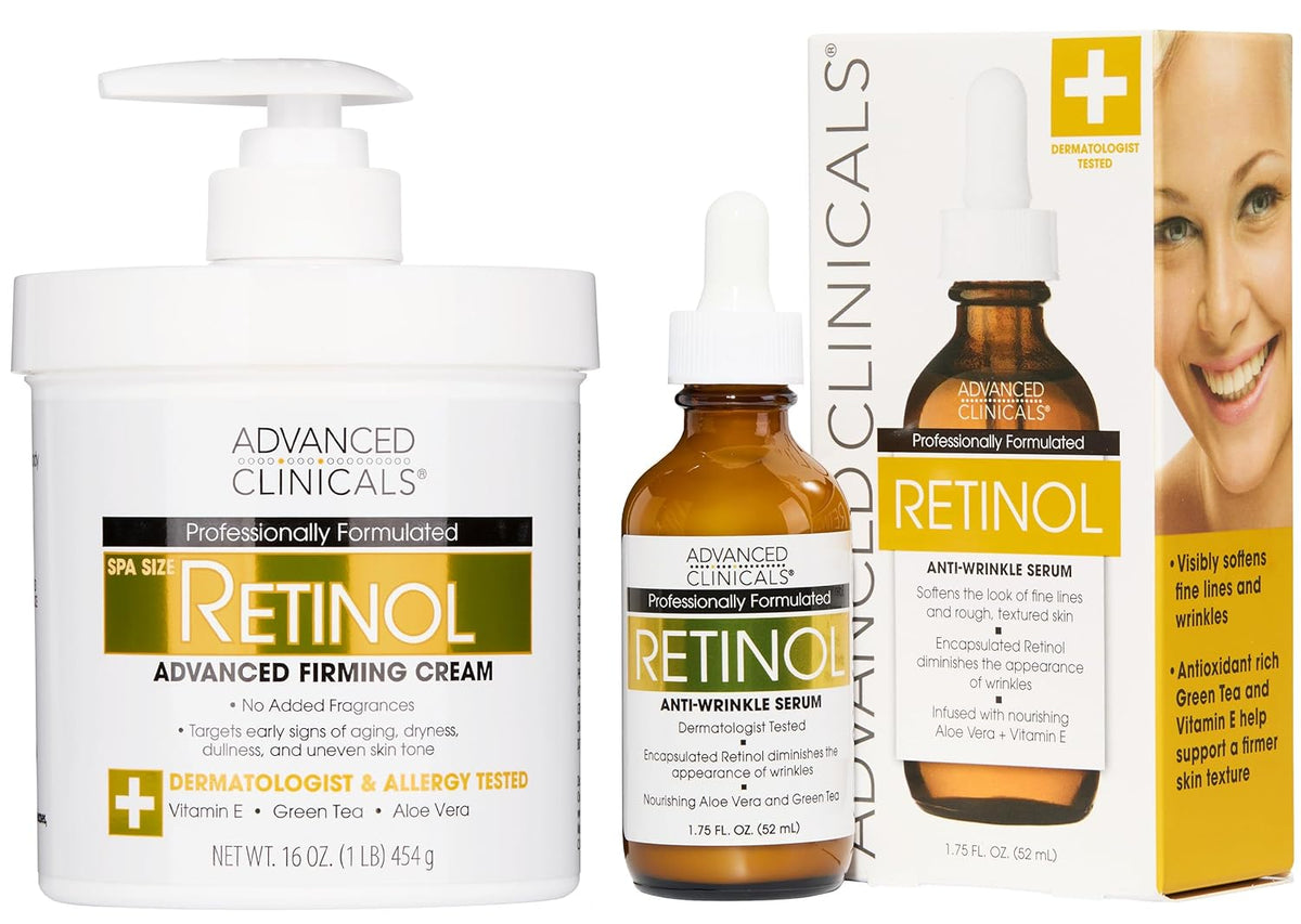Advanced Clinicals Retinol Body Lotion + Retinol Serum 2PC Skincare Set For Women & Men Helps Diminish Appearance Of Crepey Skin | Face Serum & Body Cream Visibly Improves Look Of Wrinkles & Sagging