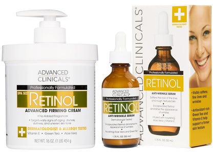 Advanced Clinicals Retinol Body Lotion + Retinol Serum 2PC Skincare Set For Women & Men Helps Diminish Appearance Of Crepey Skin | Face Serum & Body Cream Visibly Improves Look Of Wrinkles & Sagging