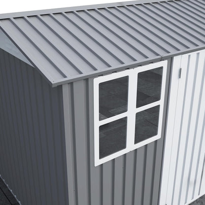 8x10 FT Outdoor Storage Shed, Metal Garden Shed with 4-pane Window, Outside Tool Shed with Lockable Hinged Doors & 4 Air Vents, Waterproof Storage Building for Backyard, Patio, Lawn, White+Gray