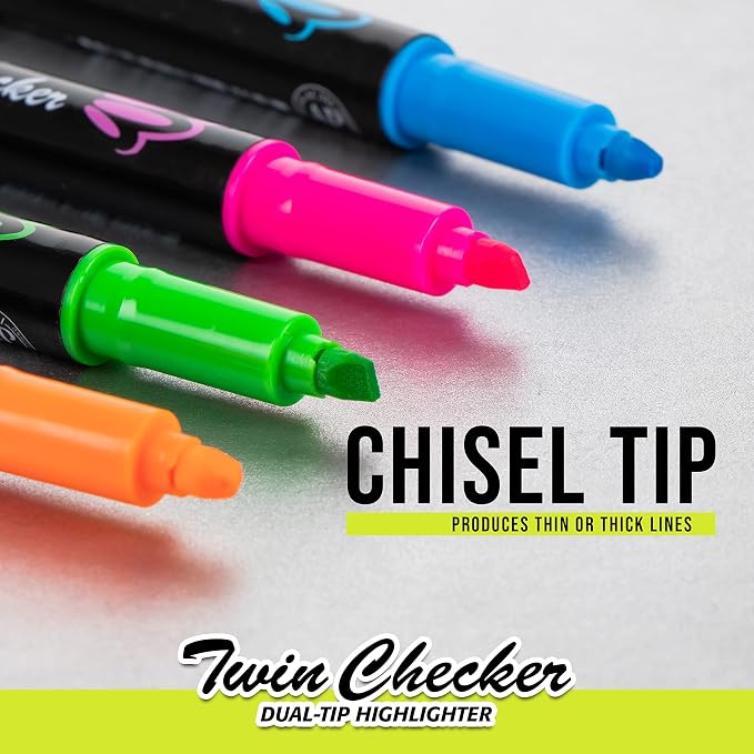 Pentel Twin Checker Dual-tip Highlighter, Chisel Tip, Assorted Colors, Pack of 4 (SLW8BP4M)
