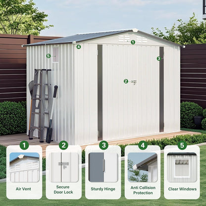 ARMSET 8x6 FT Metal Outdoor Storage Shed for Backyard, Patio, and Garden - Heavy Duty Tool Shed with Lockable Door & Side Window, Waterproof Galvanized Steel Storage Building for Bike and Tool Storage