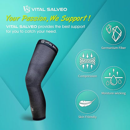 Vital Salveo Germanium & Carbon Recovery Full Leg Sleeve – Compression Leg Sleeve, Long Knee Sleeve for Arthritis, Basketball, Cycling, Football, Dark Grey (1 PC) Medium