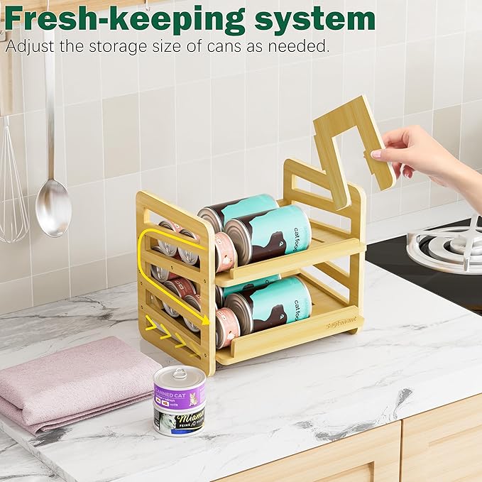 Rolling Bamboo Cat Food Can Organizer, 2-Layer Wet Cat Food Storage Container Holds 42 (3oz) Cans, Canned Cat Food Organizer and Storage for Countertop Kitchen Cabinet or Pantry Shelf
