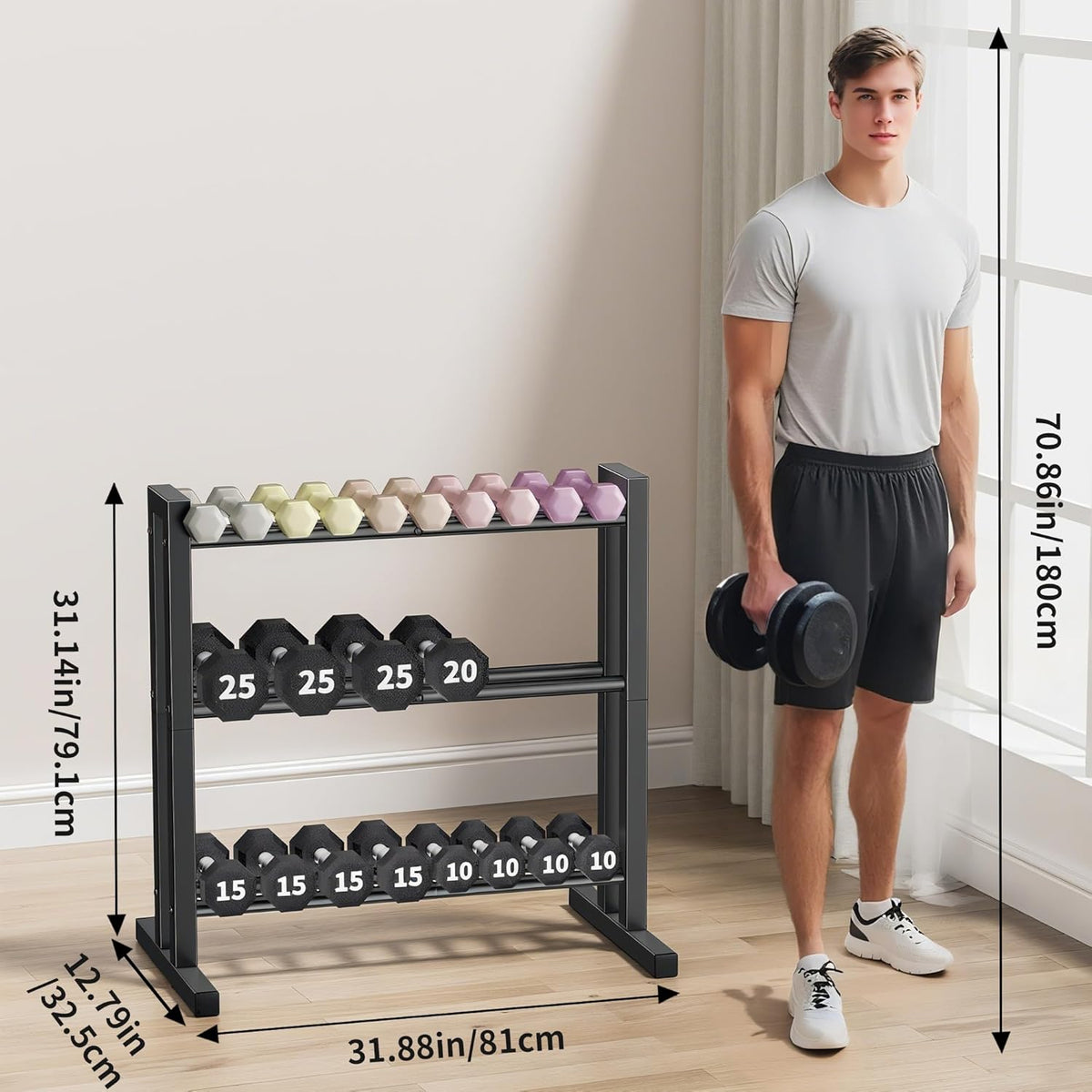 31Inch Dumbbell Rack Only - 450LB Capacity Weight Rack, 3-Tier Heavy Duty Dumbbell Stand Kettlebell Rack For Dumbbells, Kettlebells, Home Gym.
