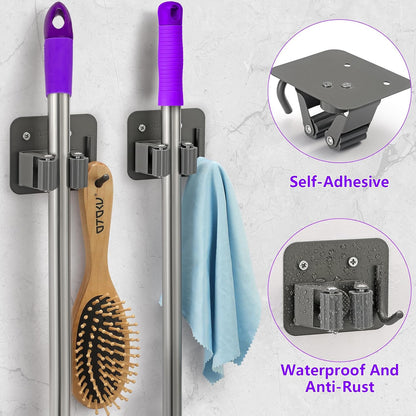 Broom Holder Wall Mount Screw Drilling, Sturdy Heavy Duty Stainless Steel Mop Gripper Rack Perforated, Perfect for Laundry Room Organizer, Fit with Laundry Kitchen Garage Garden Storage System