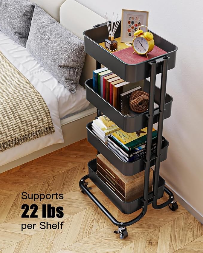 Pipishell 4 Tier Metal Rolling Utility Cart, Heavy-Duty Storage Rolling Cart with 2 Lockable Wheels, Multifunctional Mesh Organization Utility Cart for Kitchen Dining Room Living Room, PIUC13B