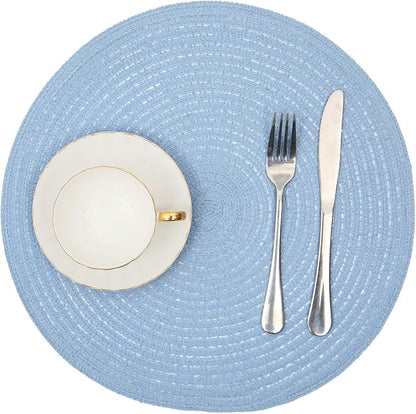 SHACOS Round Braided Placemats Set of 6 Round Table Mats for Dining Tables 15 inch (Light Blue, 6)