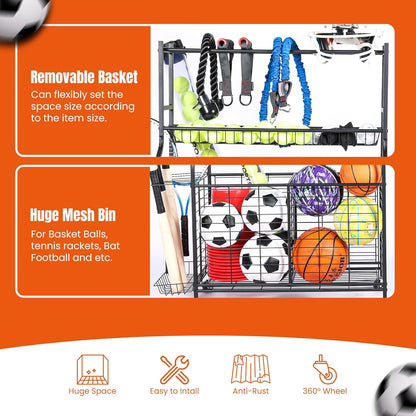 Sports Equipment Organizer - 29.6" W x 42.7" H - Rolling Garage Ball Storage Rack - Golf Bag Storage Stand & Other Sports Equipment & Toys - Indoor/Outdoor Stand - Removable Basket