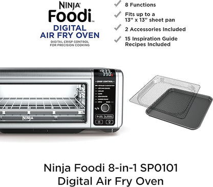 Ninja Digital Air Fry Countertop Oven, 8-in-1 Functionality, 1800W, Flip-Up Design, XL Capacity, Air Fry Basket, Wire Rack & Crumb Tray, Silver, SP101