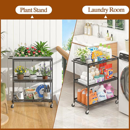 3 Tier Rolling Utility Kitchen Cart, Heavy Duty Wire Rolling Cart on Wheels, Commercial Metal Serving Carts with Handle, Kitchen Island Plant Shelf Food Storage Trolley for Laundry, Office, Garage
