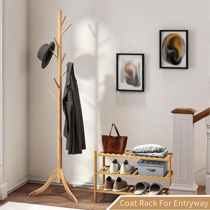 Coat Rack Freestanding, Coat Stands Entryway, Bamboo Coat Rack Hat Hanger 8 Hook for Jacket, Purse, Scarf Rack, Umbrella Tree Stand (Natural)