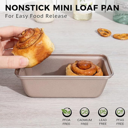 HONGBAKE Mini Loaf Pans for Baking, Nonstick Small Bread Pans of 3, 6 x 3.2 x 2 In Tiny Carbon Steel Small Baking Pans - Rose Gold