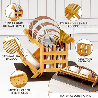 Greenual Bamboo Dish Drying Rack with Utensil Holder, 2 Tier Collapsible Dish Rack, Wooden Dish Racks for Kitchen Counter, Folding Drying Holder with Absorbent Dish Drying Mat