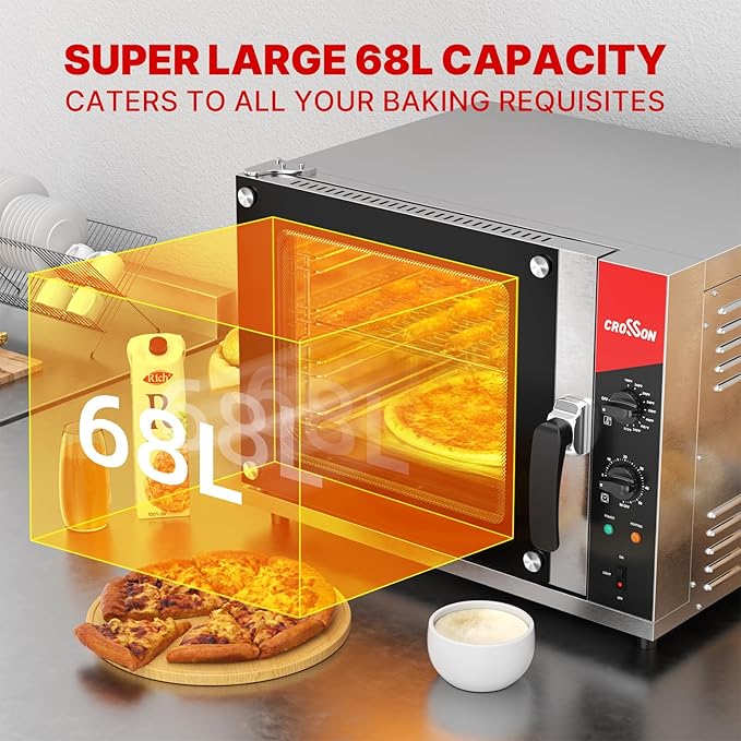 CROSSON 68L Half-Size Convection Oven,4-Tier Commercial Toaster oven w/Front Glass Door,4 set of Trays&Wire Racks,60 Minutes Timer and Interior Light, 120V/1800W Countertop Conventional Oven