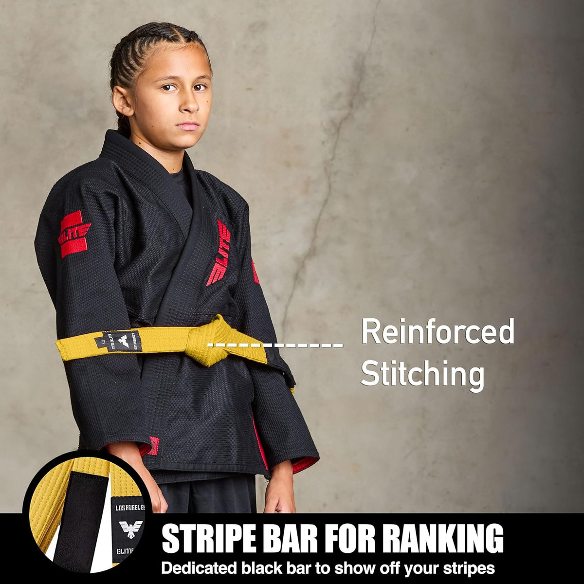 Elite Sports Kids Brazilian Jiu Jitsu Belts Preshurunk Martial Arts Youth BJJ Belts for Girls & Boys with BJJ Ranking Stripes