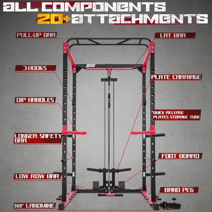 RitFit All-in-One Squat Rack for Home Gym, PPC02C Multi-Function 1000 LBS Capacity Power Cage with LAT Pulldown, Pulley System, Dip Bar, Landmine & More Power Rack Attachments, Package