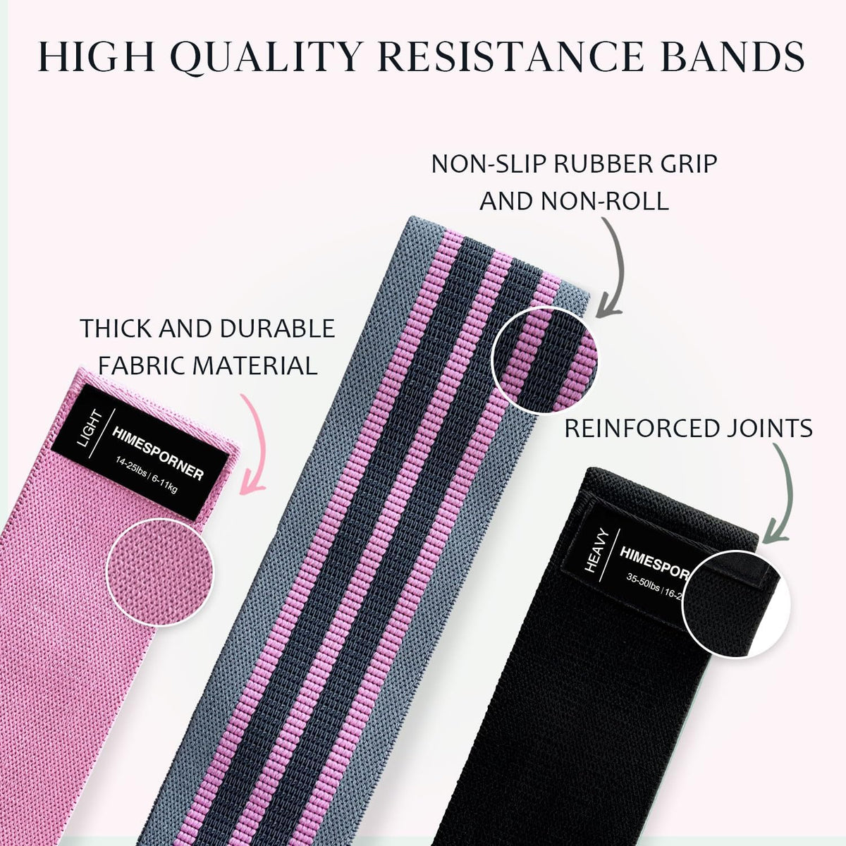 Wide Fabric Resistance Bands for Working Out, 3 Level Non-Slip Exercise Booty Bands for Women & Men Leg and Glutes with Hair Ties and Tape Measure - for Home Gym Workout, Yoga, Pilates