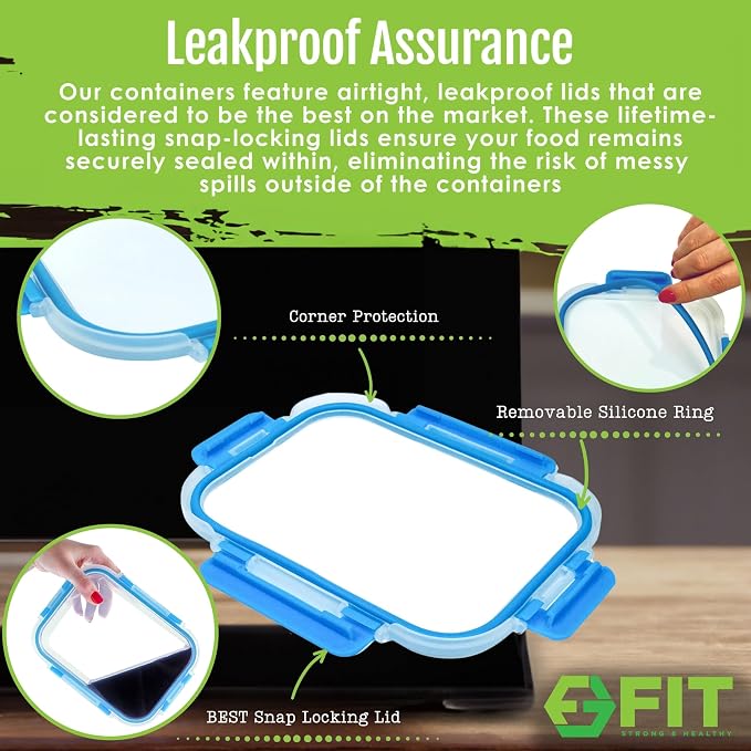 FIT Strong & Healthy Glass Meal Prep Containers with Lids, 1 & 2 & 3 Compartments – Portion Control Containers, Glass Lunch Box, Food Storage, Leak-Proof, Oven & Freezer Safe, 35 oz, Blue, 3 Pack