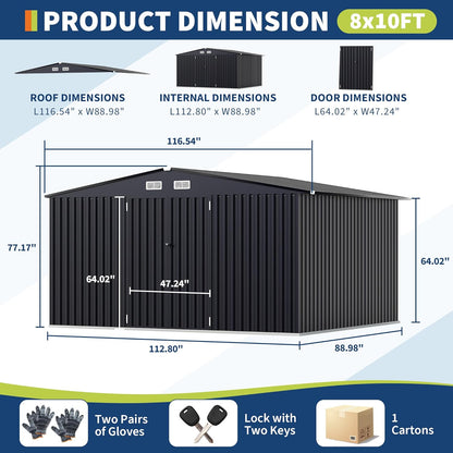 8x10 FT Metal Storage Sheds Outdoor, MetalTool Shed with Lockable Door, MetalYard Sheds Garden Shed Kit, Metal UtilitySheds Buildings with Air Vent for Backyard Garden Patio Lawn