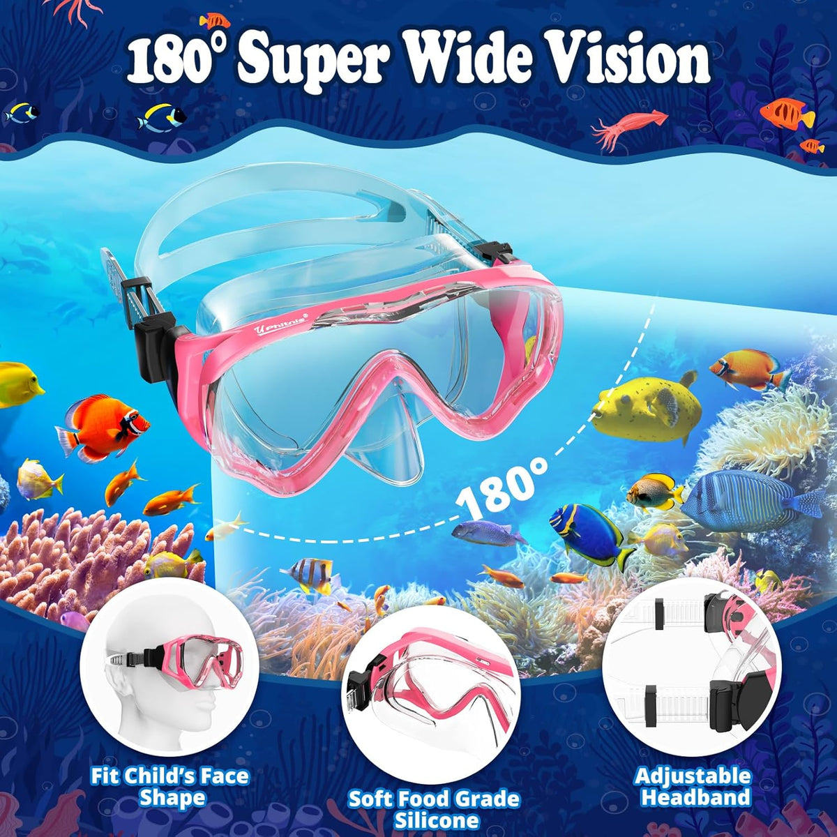 U PHITNIS Kids Snorkel Set for Age 4-14 - Dry Top Snorkeling Gear for Kids Junior & Youth - Childs Diving Mask with Big Eyes for Boys Girls - Anti-Fog Snorkeling Mask and Snorkel Set