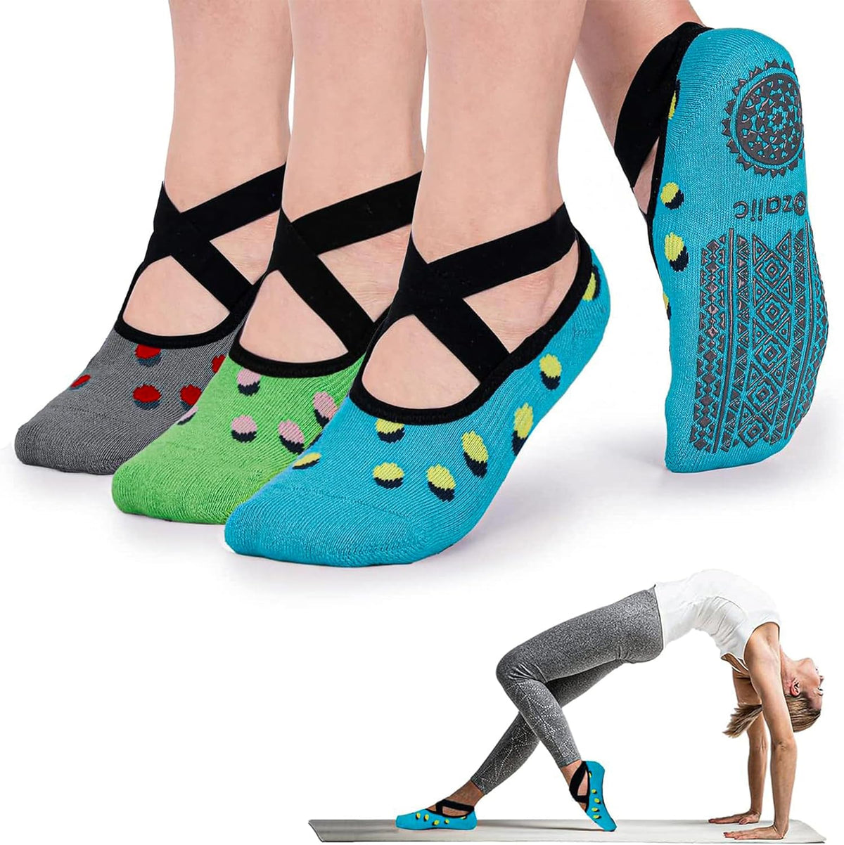 Ozaiic Yoga Socks for Women Non-Slip Grips & Straps, Ideal for Pilates, Pure Barre, Ballet, Dance, Barefoot Workout