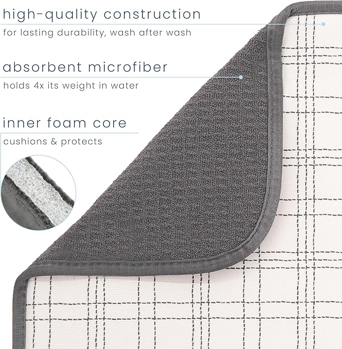 S&T INC. Dish Drying Mat, 16” x 18”, Absorbent Microfiber Kitchen Counter Mat, Dish Drying Pad for Dishes, Utensils, Pots and Pans, Large, Stitched Plaid