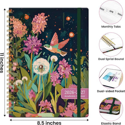 Academic Planner 2026-2027, Monthly and Weekly Calendar Planner, July 2026 - June 2027, Pretty Hardcover Teacher Student Planning Agenda Book with Tabs, Fit for School Office Supplies, 8.5" x 11", Humming Glow
