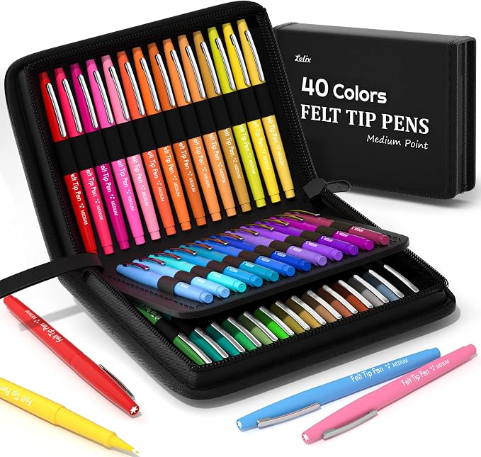 Lelix Felt Tip Pens, 40 Colored Pens with Case, Medium Point, Felt Tip Markers Pens for Journaling, Writing,Drawing, Note Taking, Planner, Perfect for Art Office and School Supplies