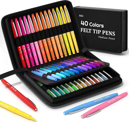 Lelix Felt Tip Pens, 40 Colored Pens with Case, Medium Point, Felt Tip Markers Pens for Journaling, Writing,Drawing, Note Taking, Planner, Perfect for Art Office and School Supplies