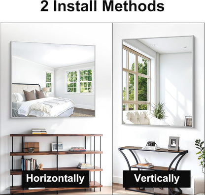 Silver Bathroom Mirror,40x48 inch Wall Mirror for Bathroom Wall Mounted,Large Rectangle Mirror for Bathroom Over Sink,Modern Metal Frame for Living Room,Bedroom Entryway,Horizontal/Vertical