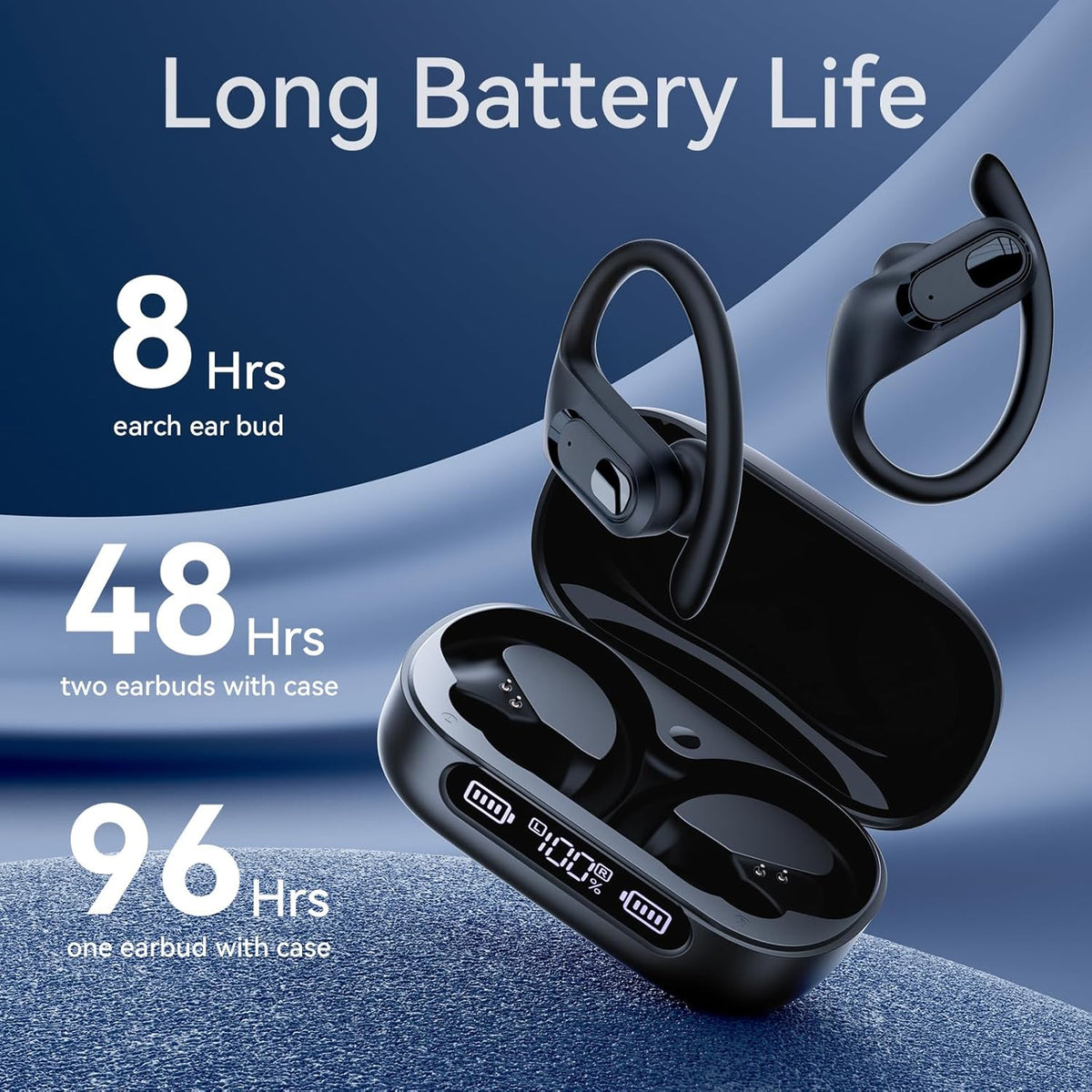 occiam Active Noise Cancelling Ear Buds Wireless Earbuds Bluetooth Headphones 96Hrs Playback LED Display Over-Ear Waterproof Earphones with Earhooks Mics Clear Call for Sport/Running/Workout Black