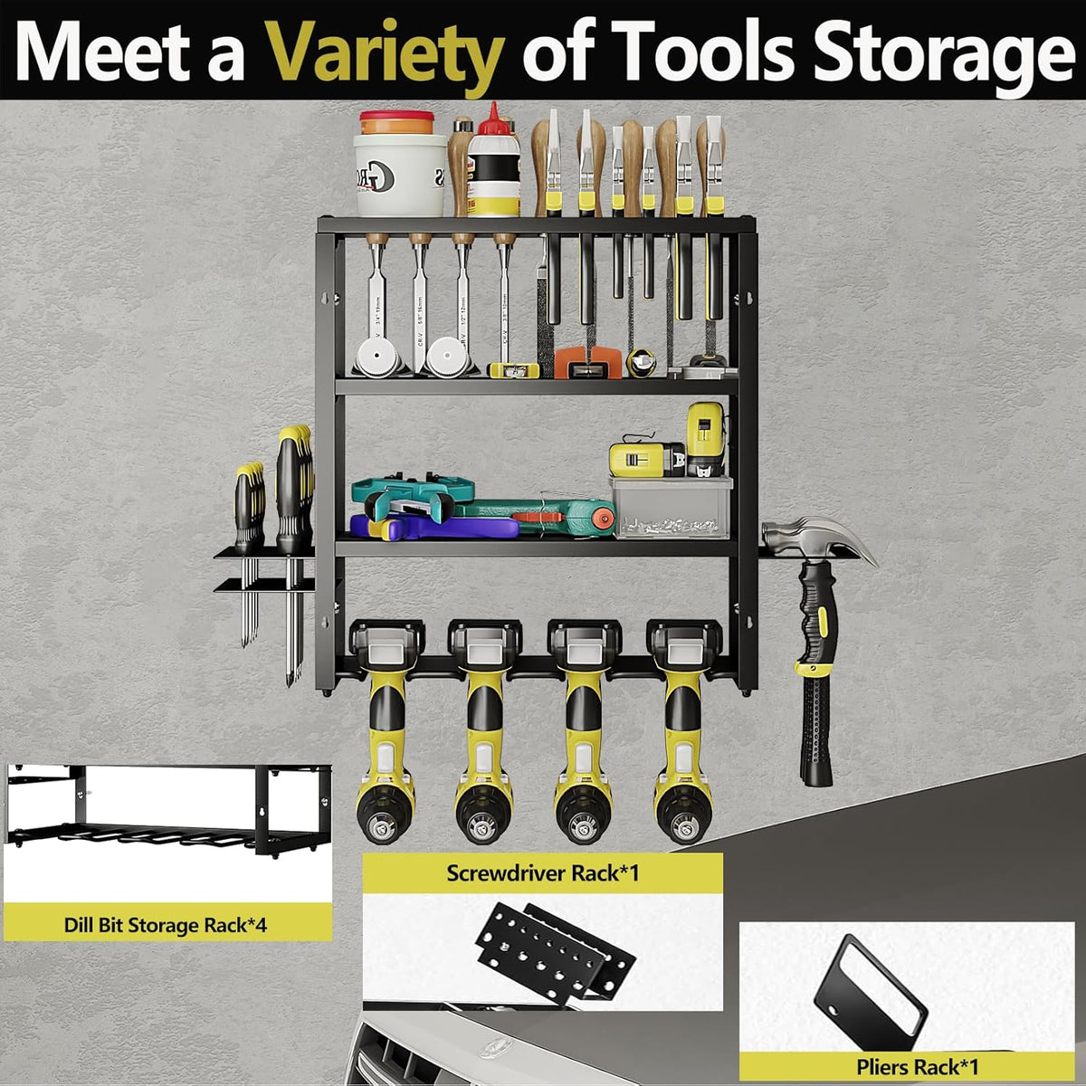 AZERPIAN Tool Organizer Heavy Duty Power Wall Mount for Drill and Cordless Tools Heavy Duty Rack for Garage Organization Workshop Pegboard (3 Layers 4 Slots)